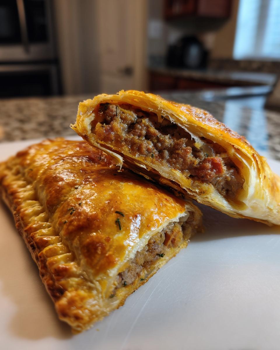 Primer plano de empanadas españolas cortadas por la mitad, mostrando el relleno de carne jugoso y la masa dorada.