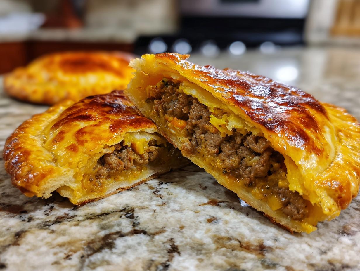 Primer plano de empanadas españolas cortadas por la mitad, mostrando un relleno de carne jugoso y masa dorada.