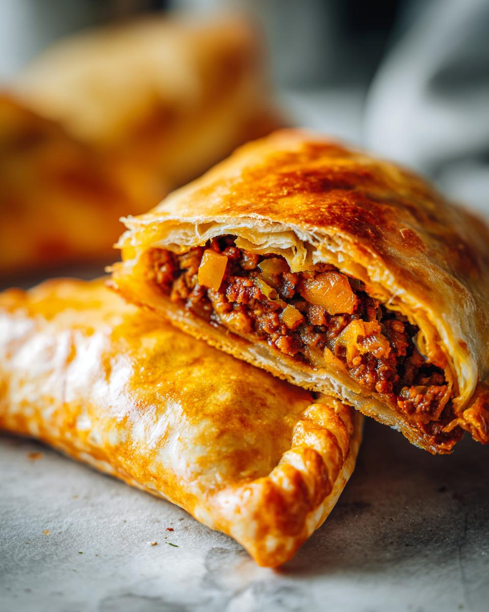 Primer plano de una empanada española cortada, mostrando el relleno de carne picada y verduras.