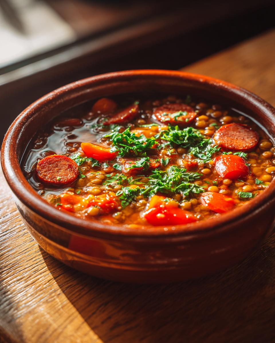 Primer plano de un cuenco de barro con lentejas estofadas con chorizo y perejil fresco picado.