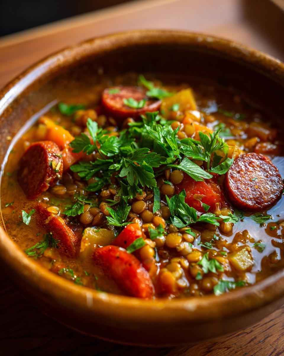 Primer plano de un cuenco de madera lleno de deliciosas recetas de lentejas con chorizo y perejil fresco.