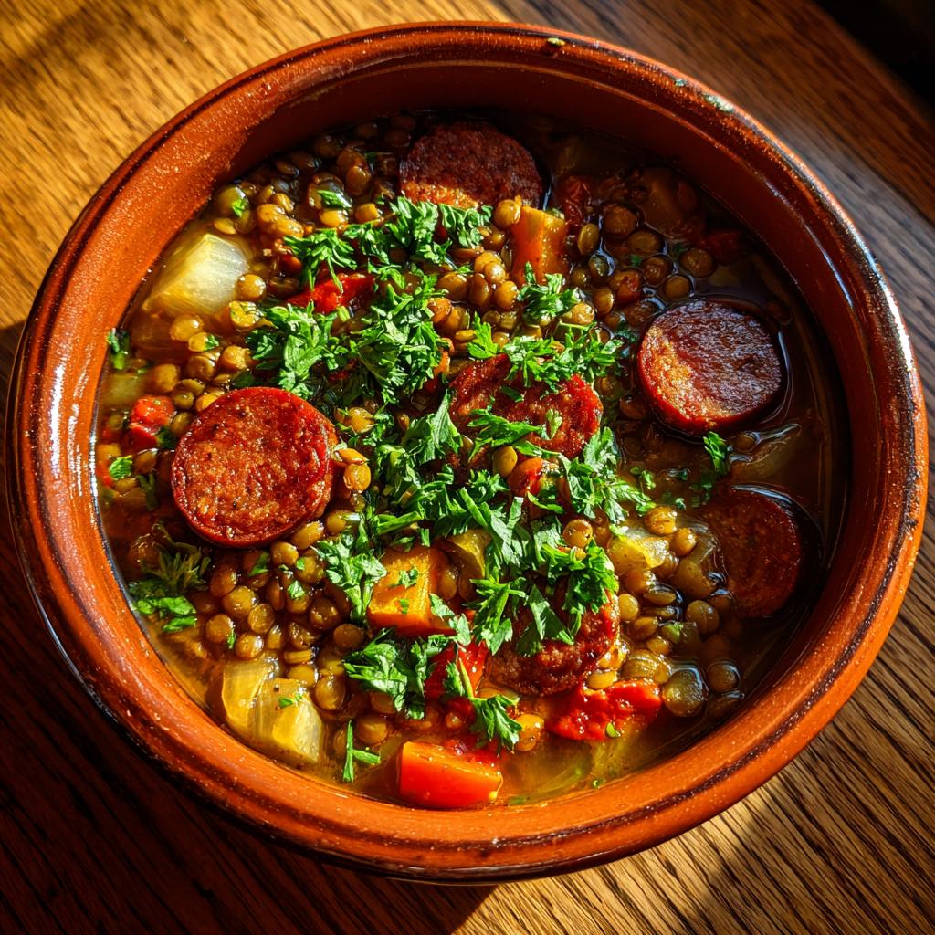 Primer plano de un cuenco de barro con lentejas estofadas, trozos de chorizo y perejil picado.