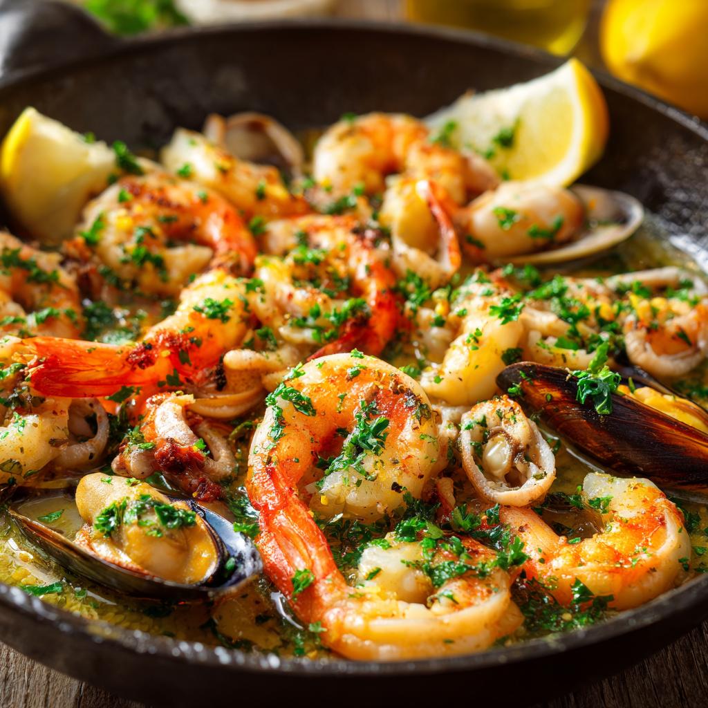 Primer plano de deliciosas recetas de mariscos al ajillo con gambas, mejillones y calamares en una sartén, adornado con perejil y limón.