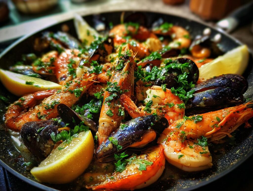 Primer plano de deliciosas recetas de mariscos al ajillo con gambas, mejillones y limón.