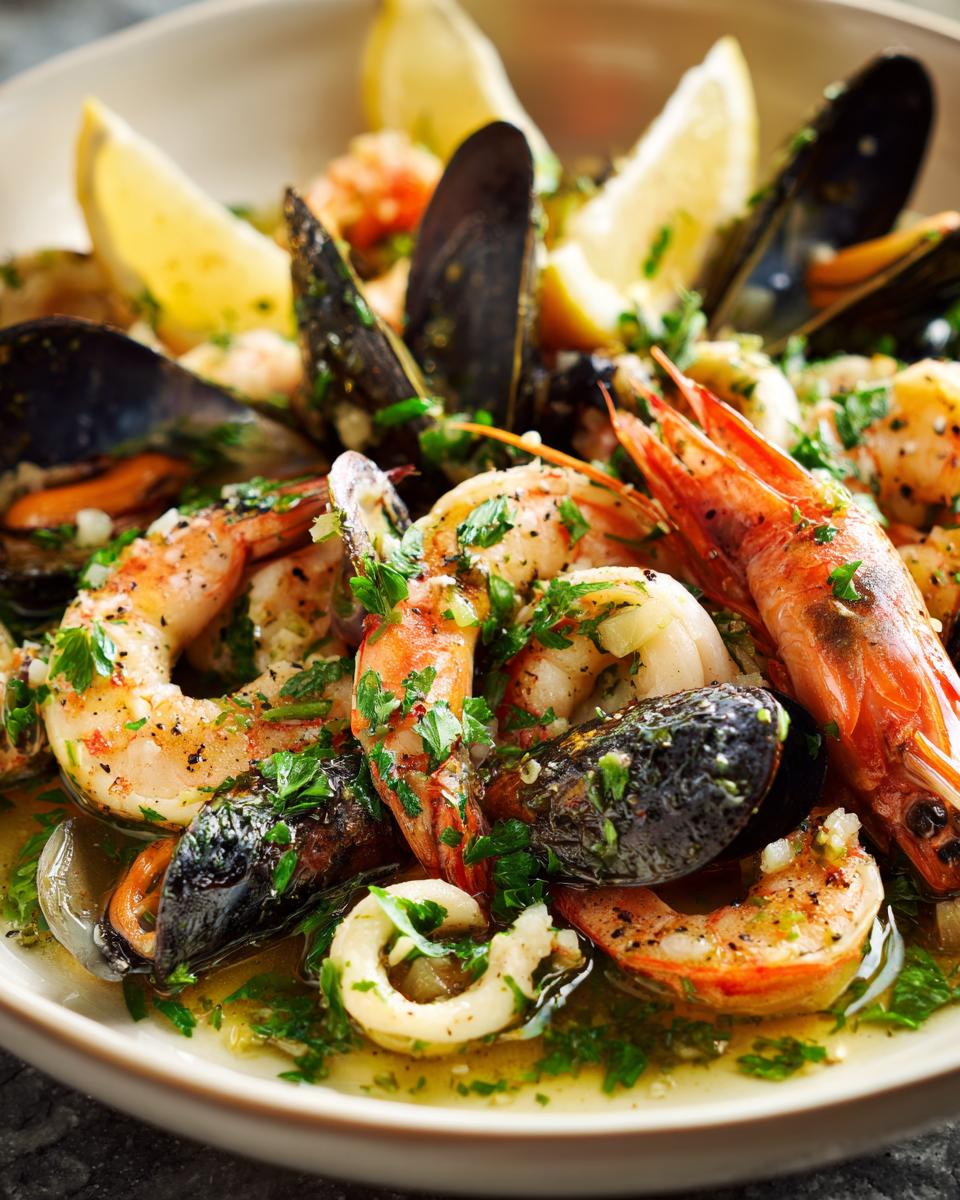 Primer plano de deliciosas recetas de mariscos al ajillo con gambas, mejillones y calamares, adornados con perejil fresco y limón.