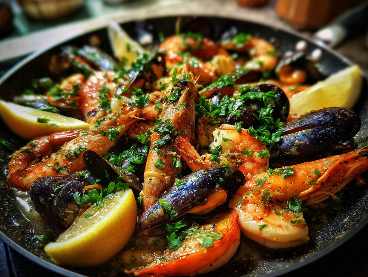 Primer plano de deliciosas recetas de mariscos al ajillo con gambas, mejillones y limón.