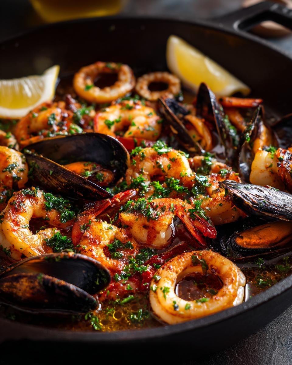 Primer plano de deliciosos mariscos al ajillo en una sartén, con gambas, mejillones y anillas de calamar salteadas con ajo y perejil.