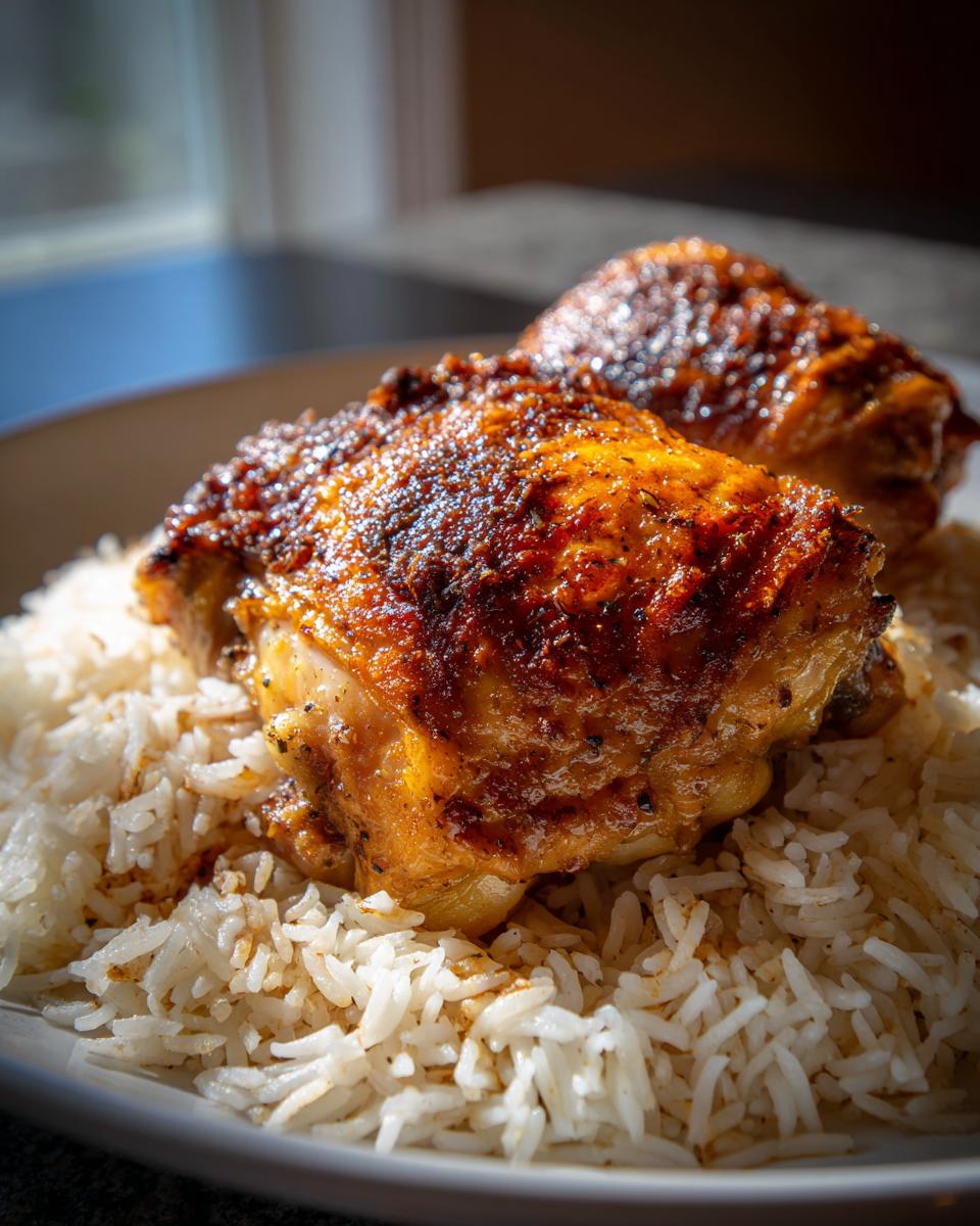 Primer plano de jugosas piezas de pollo asado con piel crujiente servidas sobre una cama de arroz blanco esponjoso, parte de recetas de pollo con arroz.
