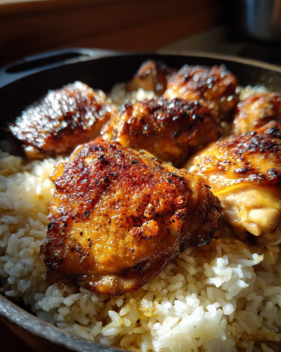 Primer plano de deliciosas recetas de pollo con arroz, con trozos de pollo dorado y crujiente sobre una cama de arroz blanco esponjoso.