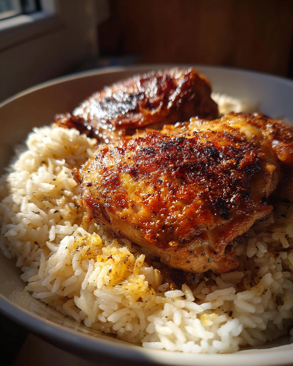 Primer plano de deliciosas recetas de pollo con arroz, mostrando pollo dorado y crujiente sobre una cama de arroz blanco suelto.
