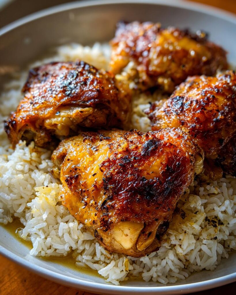 Primer plano de jugosas piezas de pollo dorado y crujiente servidas sobre una cama de arroz blanco suelto, ideal para recetas de pollo con arroz.