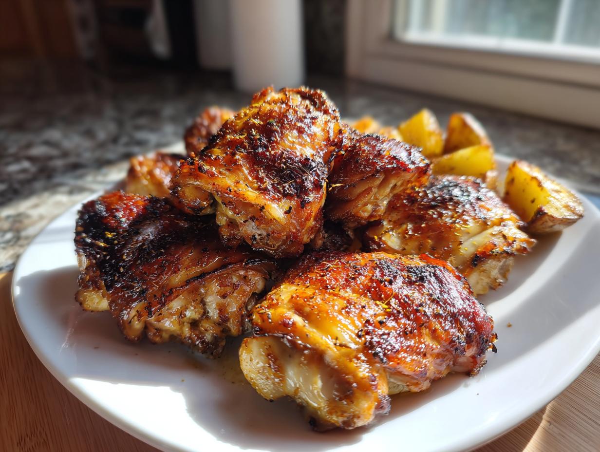 Primer plano de deliciosos muslos de pollo dorados y crujientes con patatas asadas, parte de recetas de pollo fáciles.