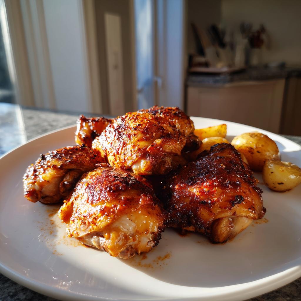 Primer plano de muslos de pollo dorados y jugosos, servidos con patatas asadas, parte de recetas de pollo fáciles.