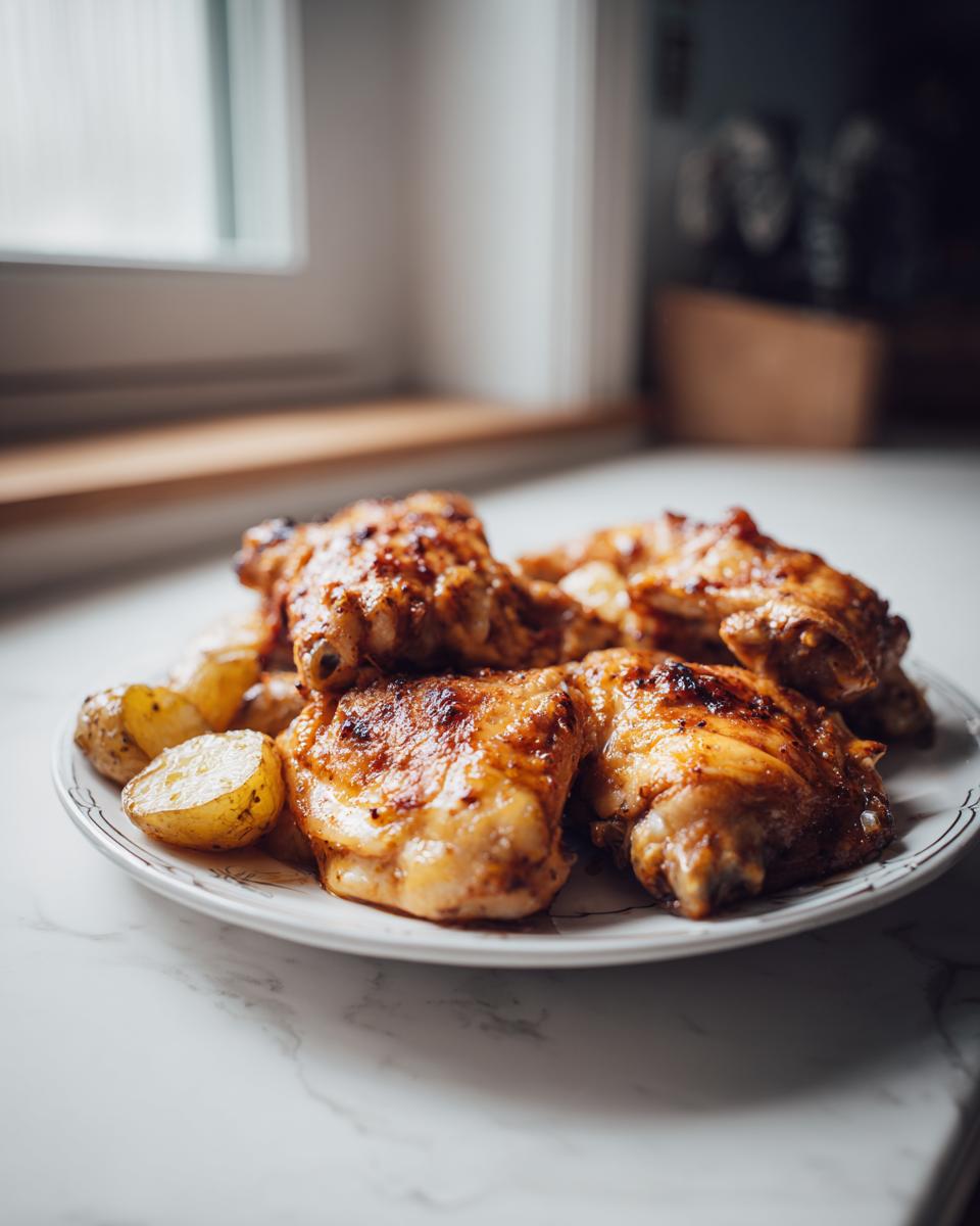 Plato de pollo asado dorado y patatas asadas, parte de recetas de pollo fáciles.