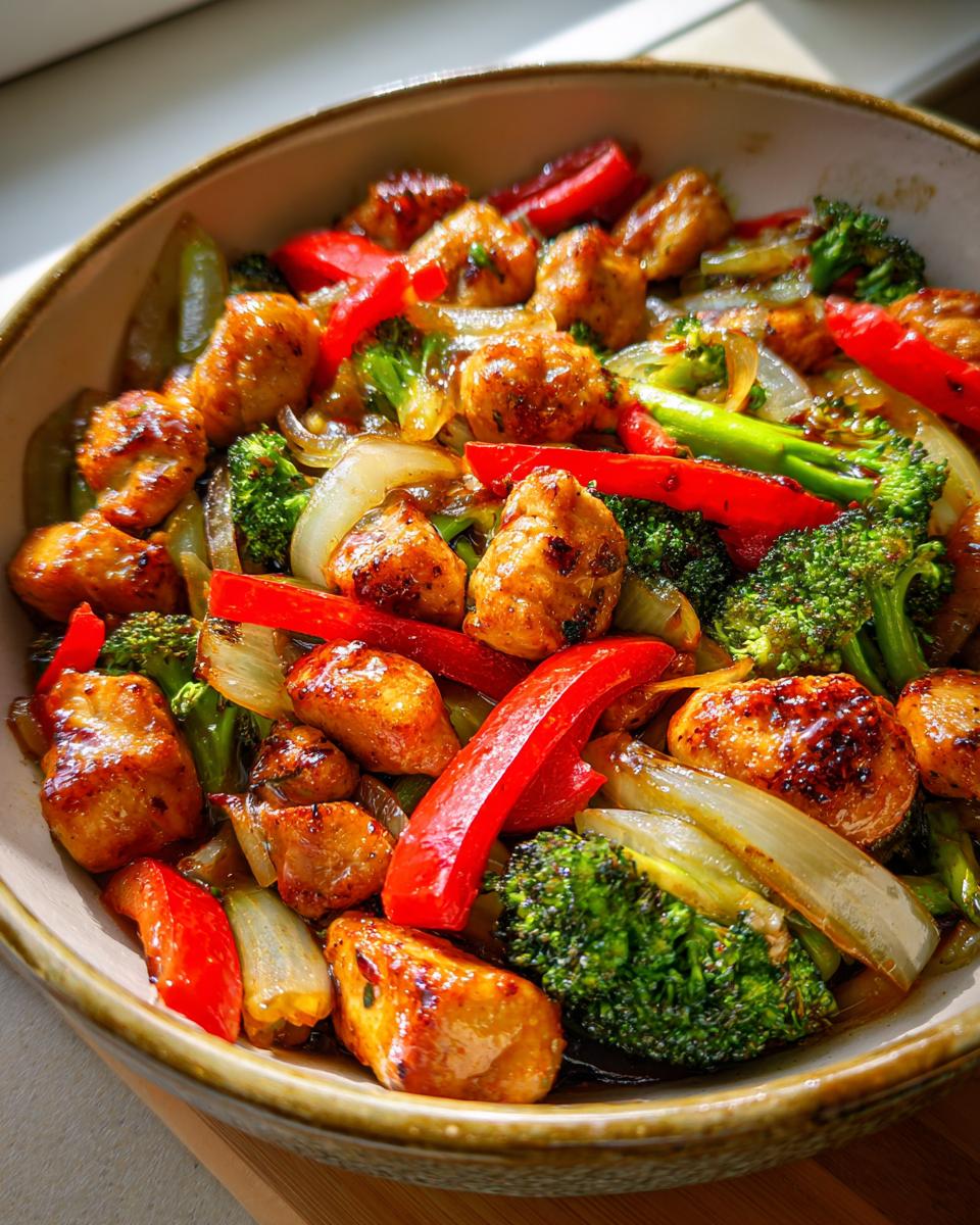 Primer plano de un tazón de deliciosas recetas de pollo con verduras, brócoli y pimientos rojos.