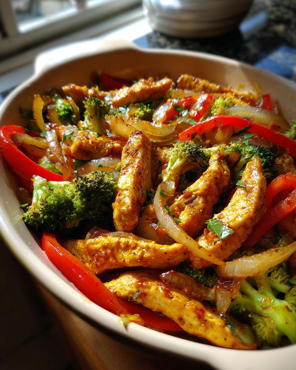 Primer plano de deliciosas recetas de pollo con verduras, con trozos de pollo, brócoli, pimientos rojos y cebolla.