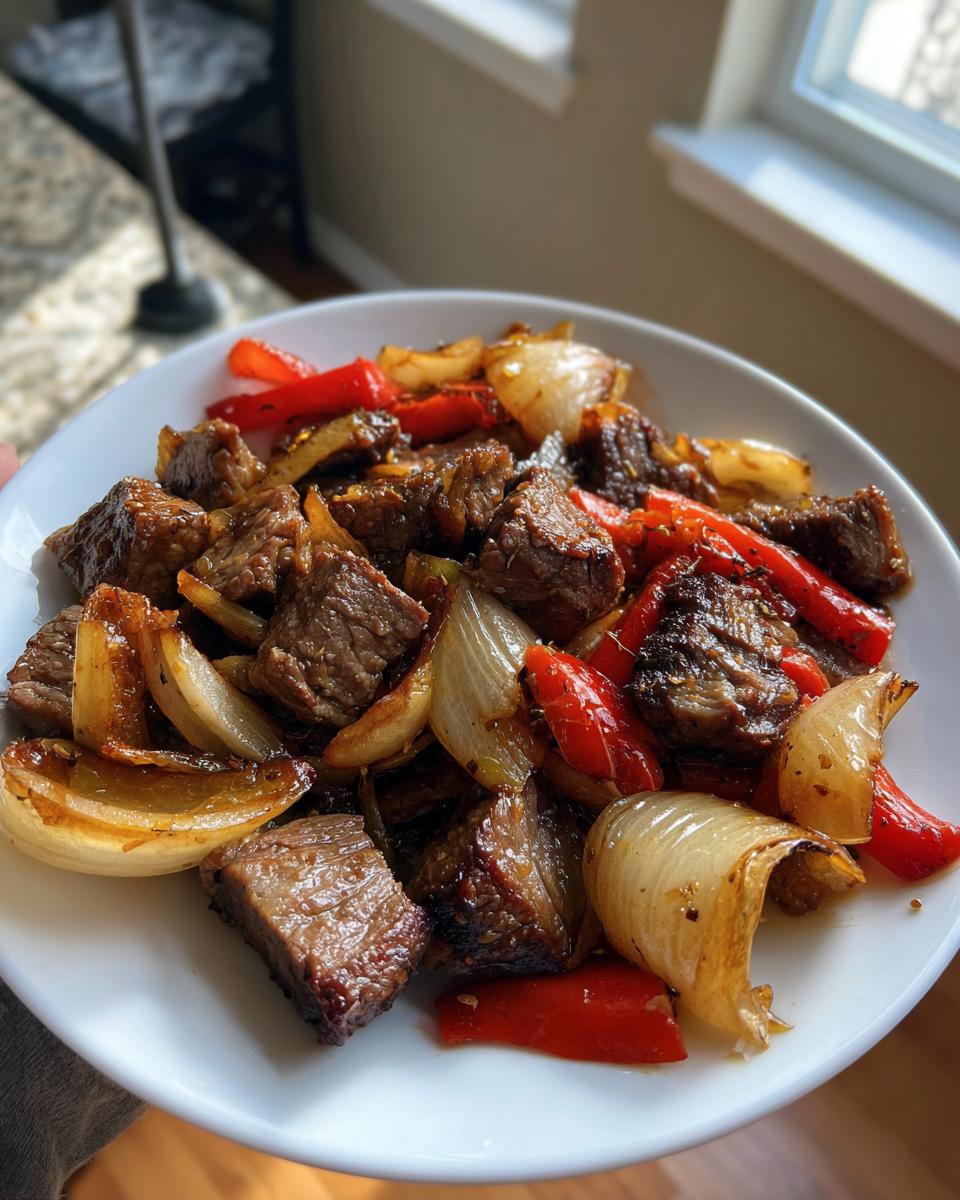 Primer plano de carne prime rib sobrante cortada en cubos y salteada con pimientos rojos y cebolla.