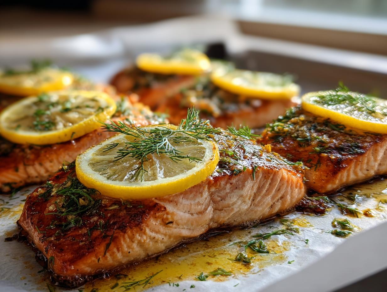 Primer plano de filetes de salmón al horno, adornados con rodajas de limón y eneldo fresco, parte de las recetas de salmón.