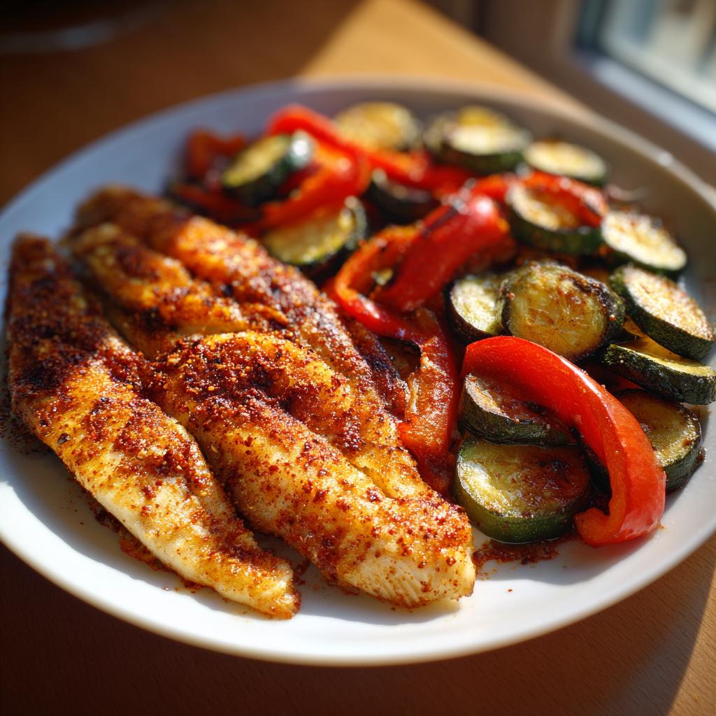 Primer plano de filetes de pescado sazonados servidos con calabacín y pimientos rojos asados, parte de recetas saludables con pescado.