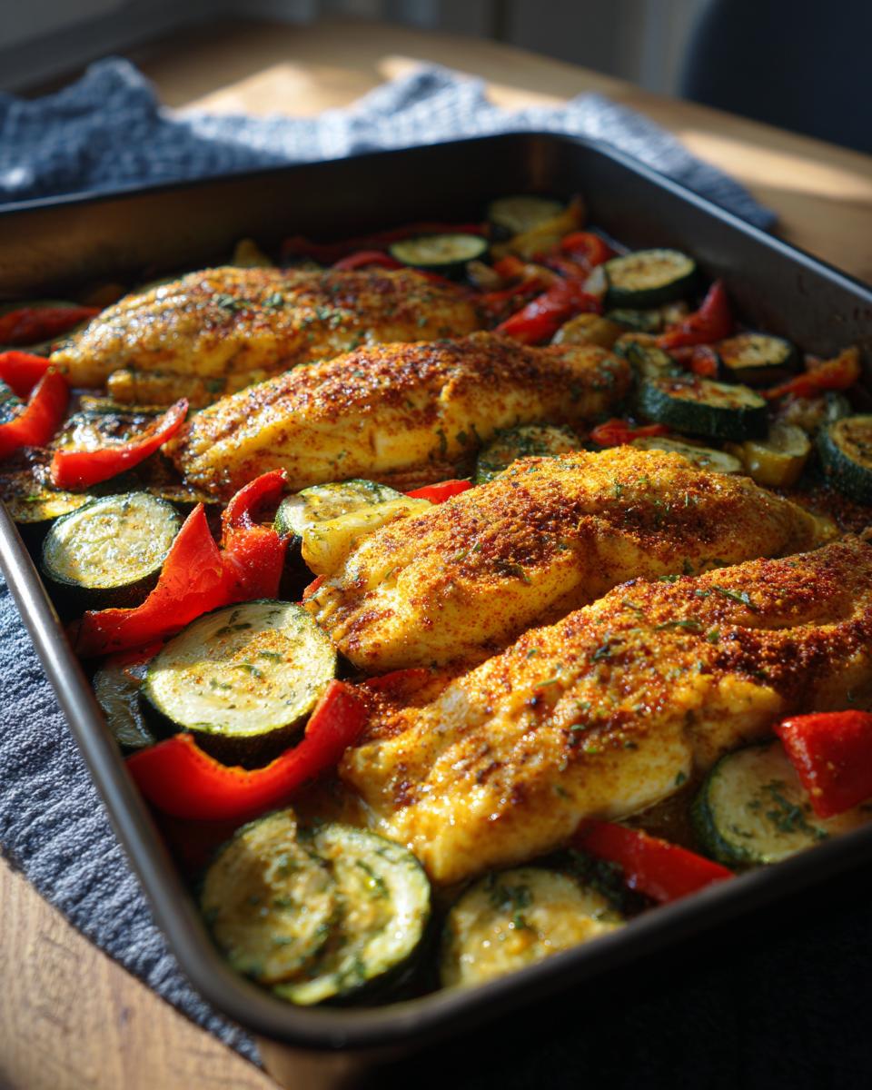 Cuatro filetes de pescado horneado con una costra crujiente, rodeados de rodajas de calabacín y pimientos rojos en una bandeja.