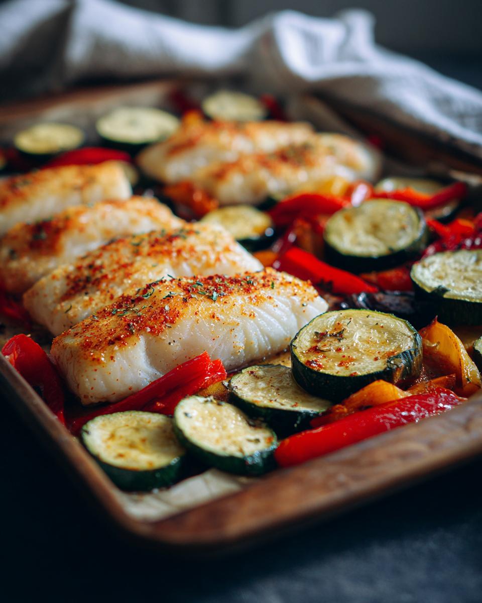 Filetes de pescado blanco al horno con pimientos rojos y calabacín en una bandeja, parte de recetas saludables con pescado.
