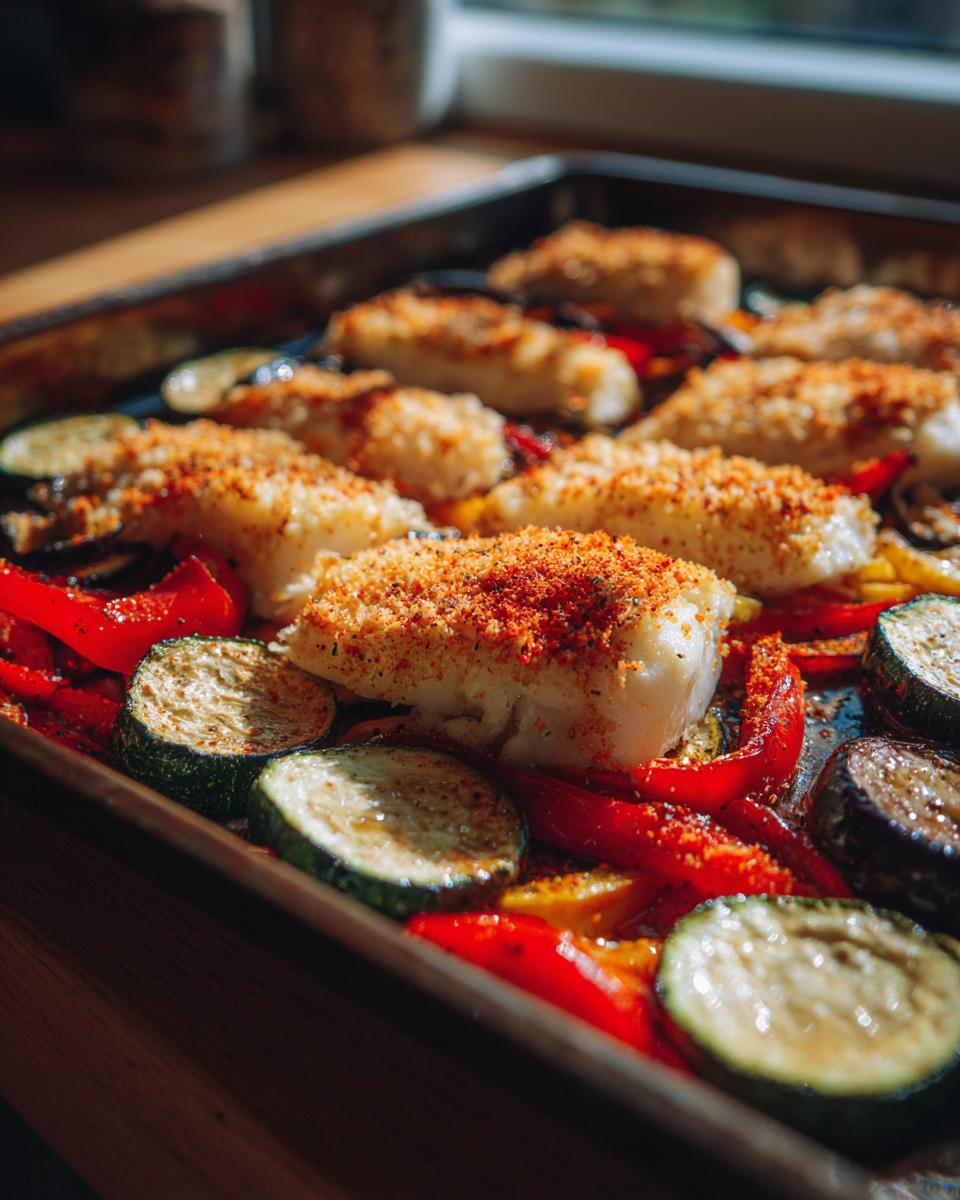Primer plano de pescado al horno con verduras, una de las recetas saludables con pescado.
