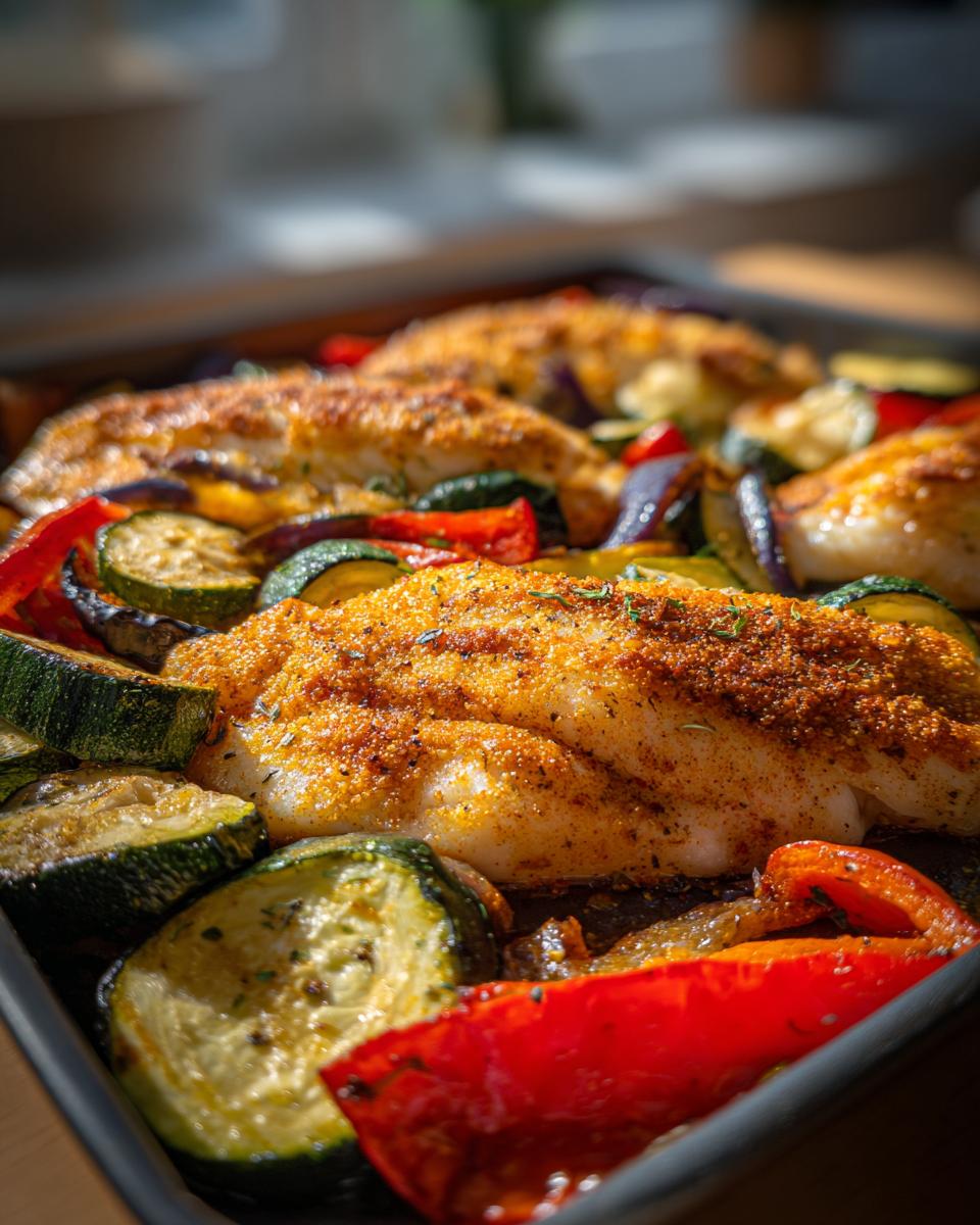 Primer plano de pescado al horno con verduras asadas, incluyendo calabacín, pimientos rojos y berenjena.