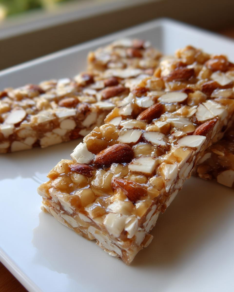 Primer plano de barras de turrón casero fácil con almendras enteras y troceadas, en un plato blanco.