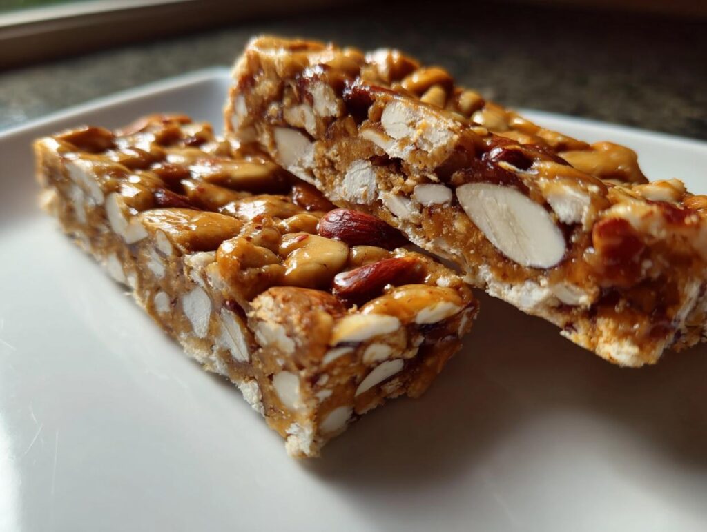 Primer plano de dos trozos de turrón casero fácil con almendras enteras y troceadas, cubiertos de caramelo dorado.