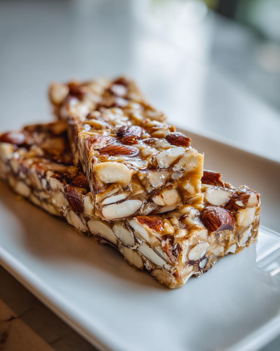 Primer plano de trozos de turrón casero fácil con almendras enteras y partidas, sobre un plato blanco.