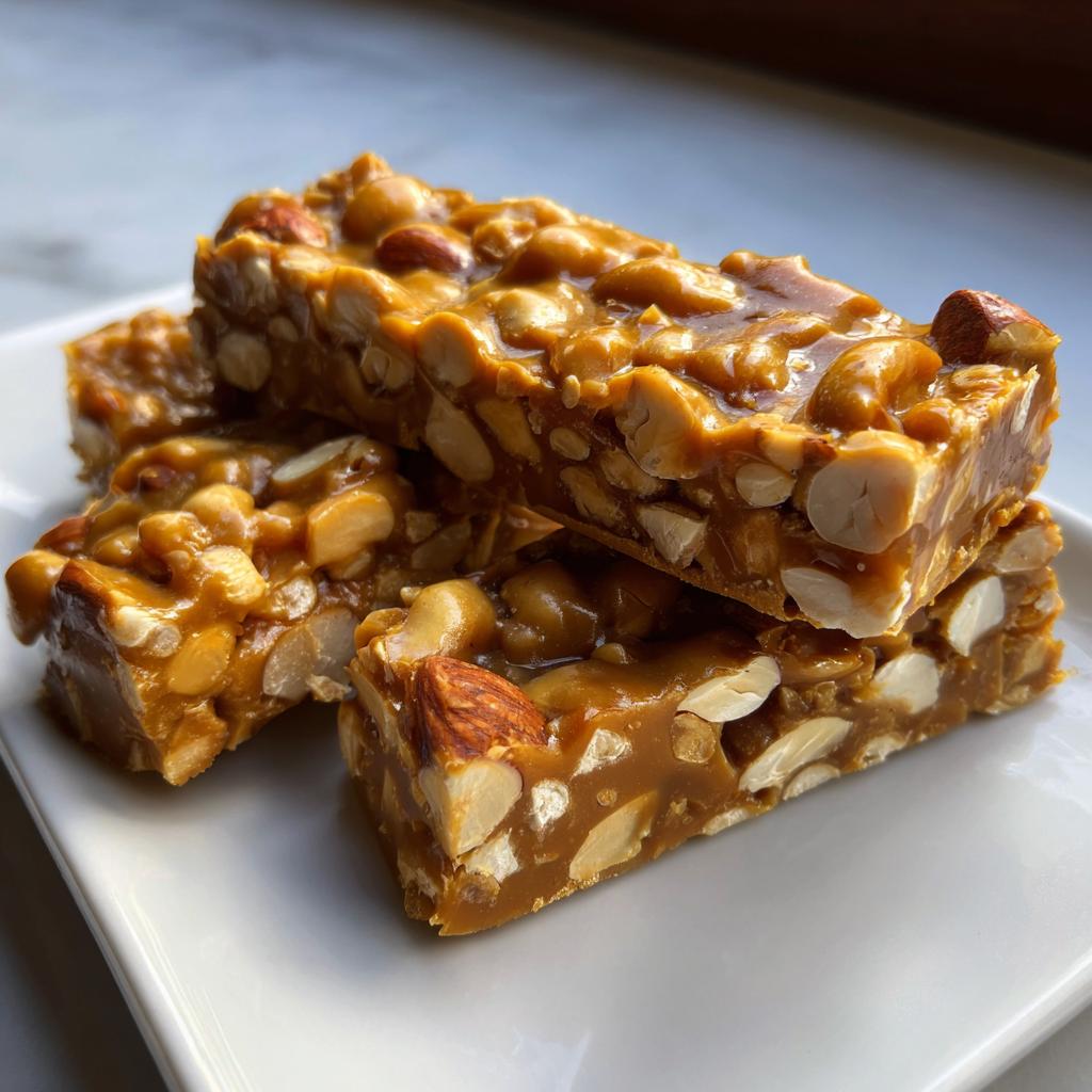 Primer plano de barras de turrón casero fácil con almendras y cacahuetes, cubiertas de caramelo.