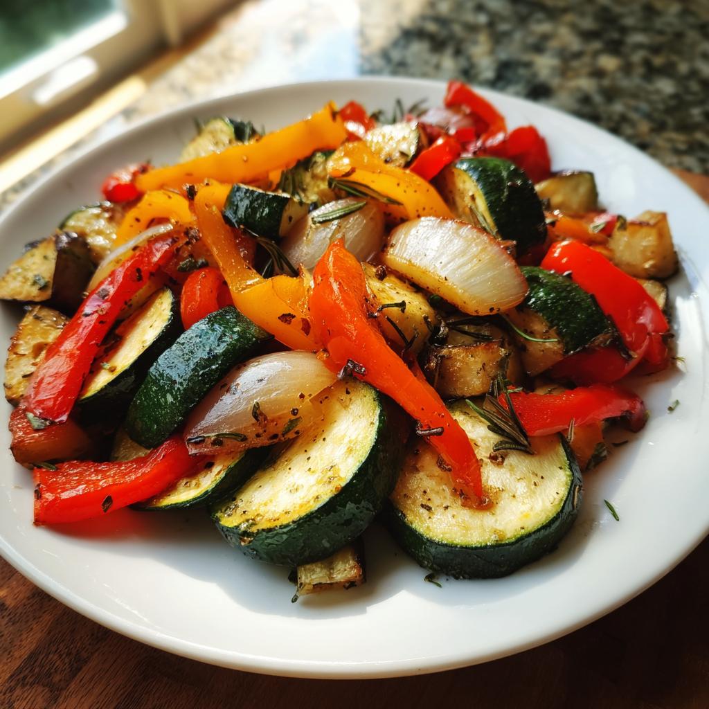 Primer plano de un plato de deliciosas verduras asadas, incluyendo rodajas de calabacín, pimientos rojos y amarillos, y trozos de cebolla.