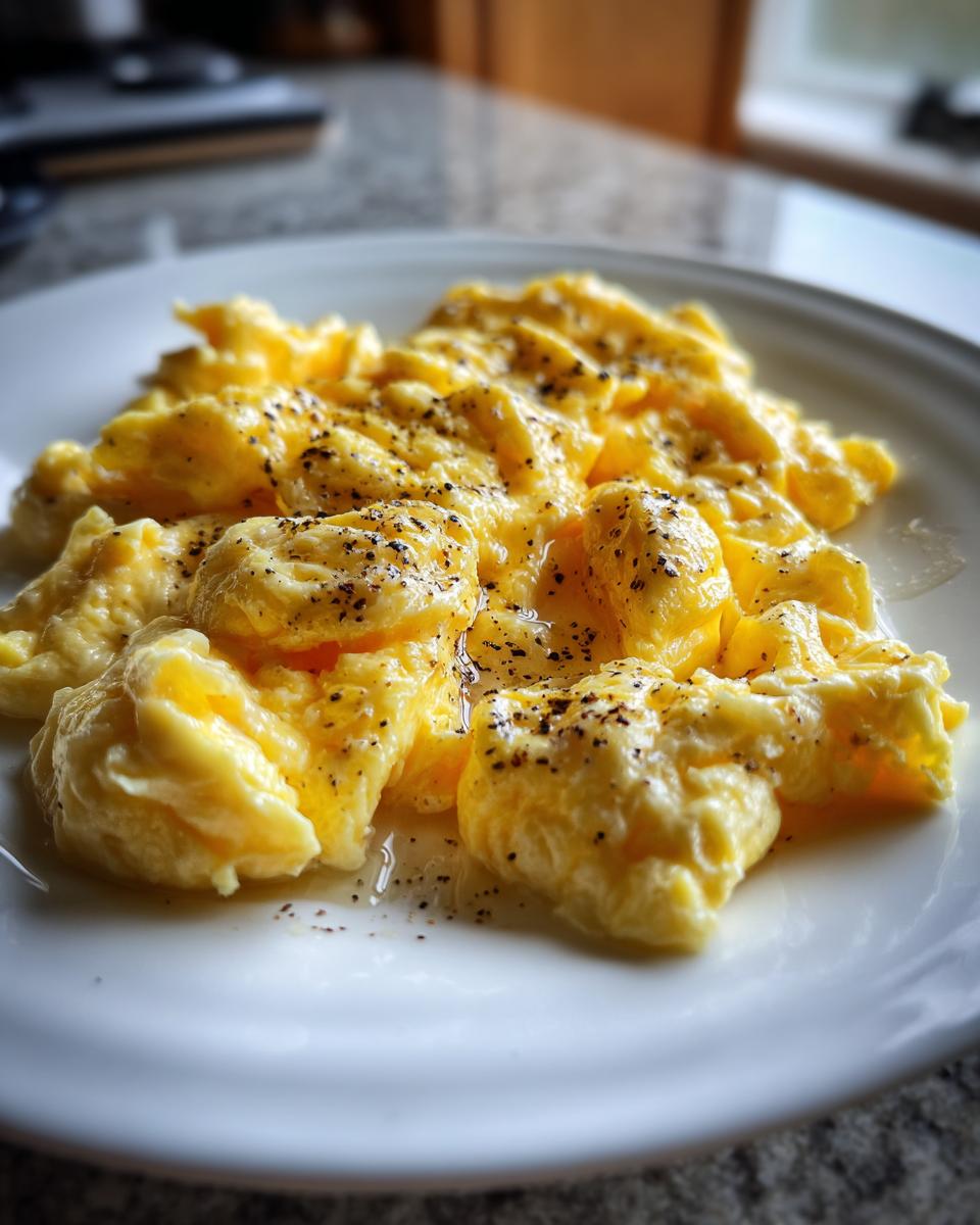 Primer plano de un plato de revuelto de huevos, sazonado con pimienta negra.