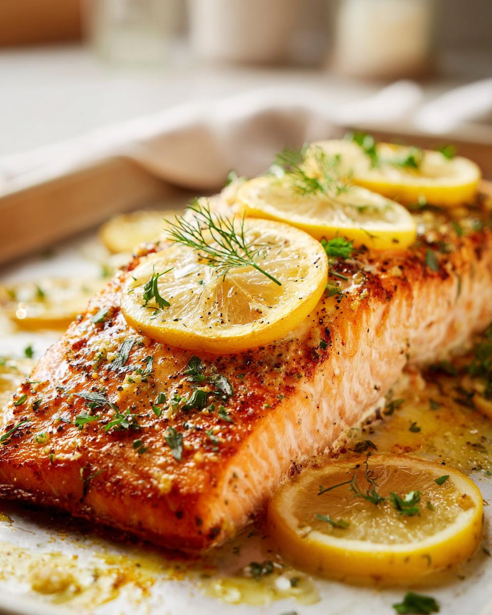Primer plano de un filete de salmón al horno con rodajas de limón, eneldo y perejil picado.
