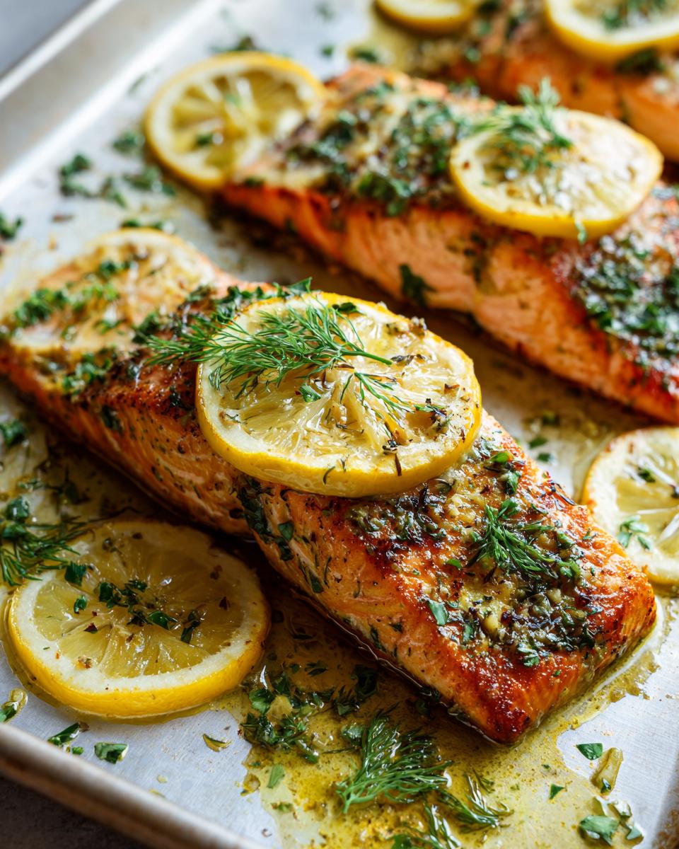 Primer plano de filetes de salmón al horno con rodajas de limón, hierbas frescas y aceite de oliva.