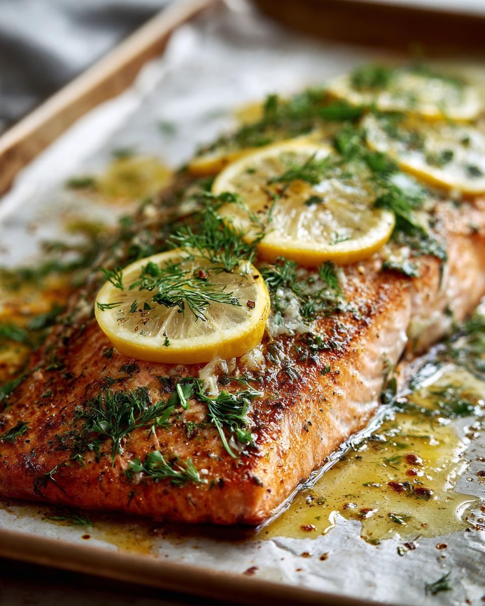 Primer plano de salmón al horno con rodajas de limón y eneldo fresco, listo para servir.