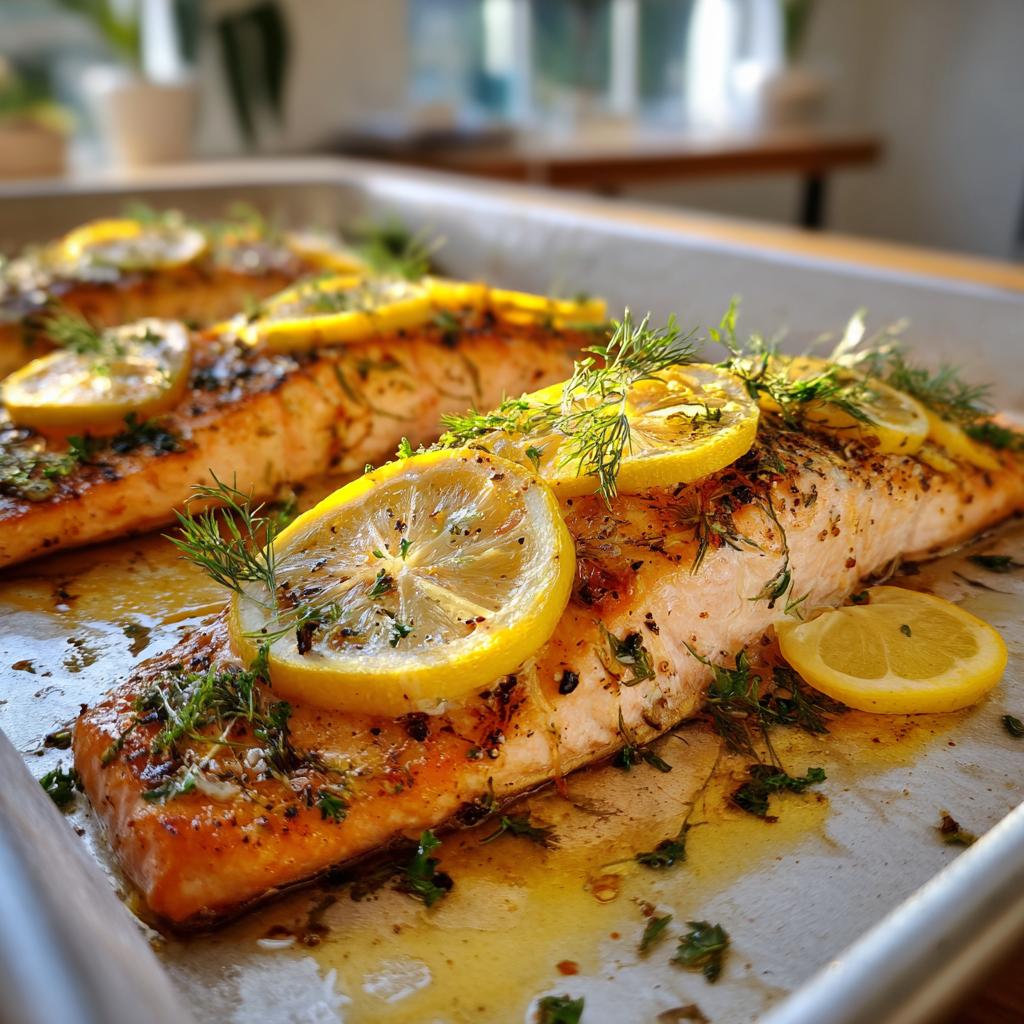 Primer plano de deliciosos filetes de salmón al horno con rodajas de limón y eneldo fresco.