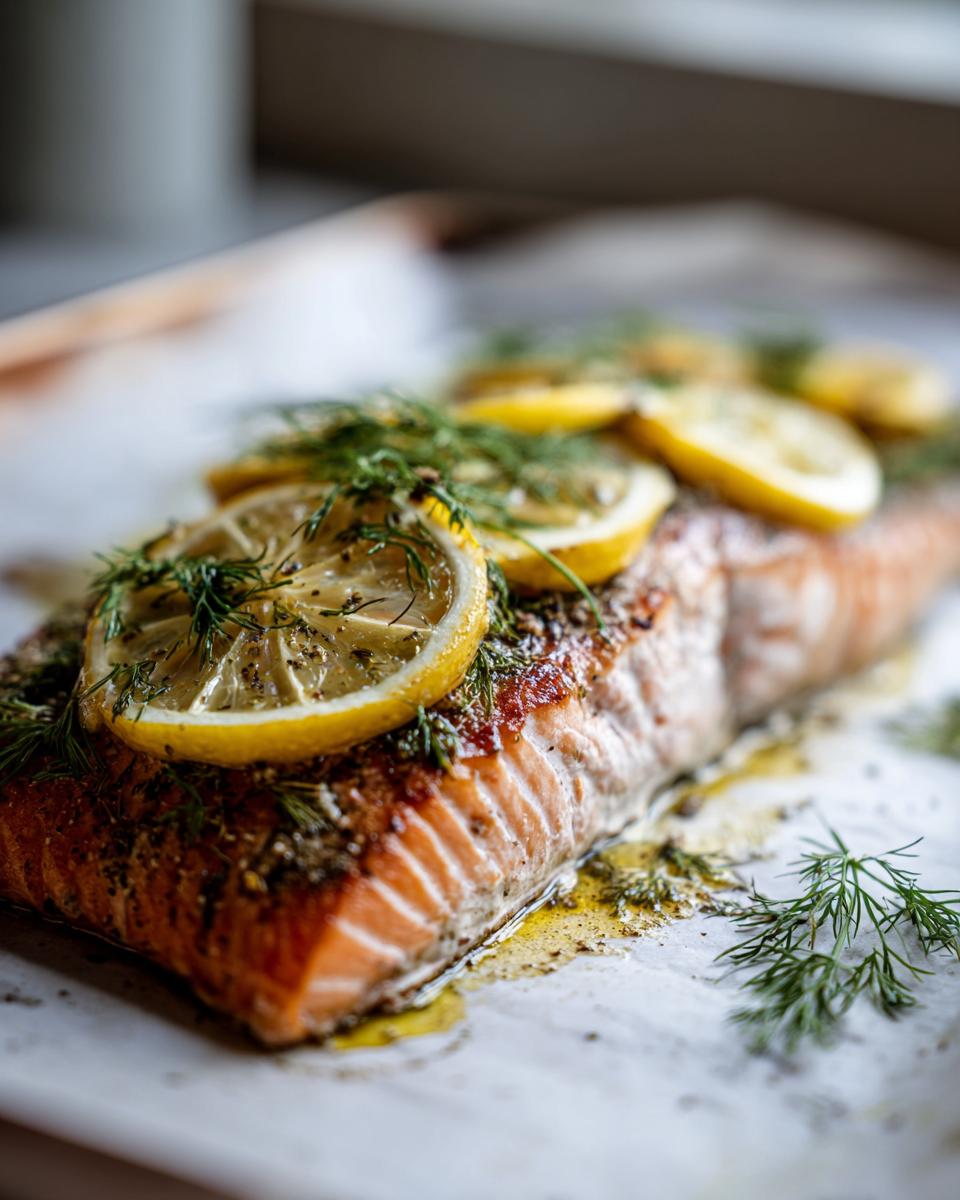 Primer plano de un filete de salmón al horno con rodajas de limón y eneldo fresco.
