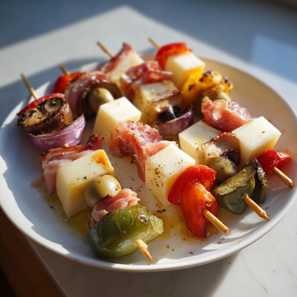 Primer plano de brochetas variadas con queso, jamón serrano, pimientos, cebolla y champiñones, ideales como snacks para Nochevieja.