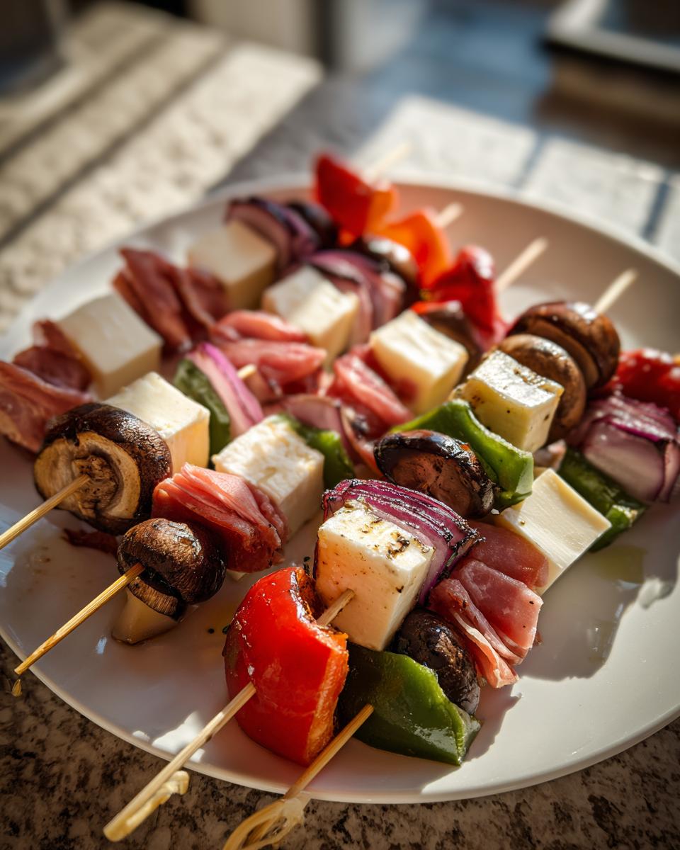 Primer plano de brochetas con queso, champiñones, pimientos y jamón, perfectas como snacks para Nochevieja.