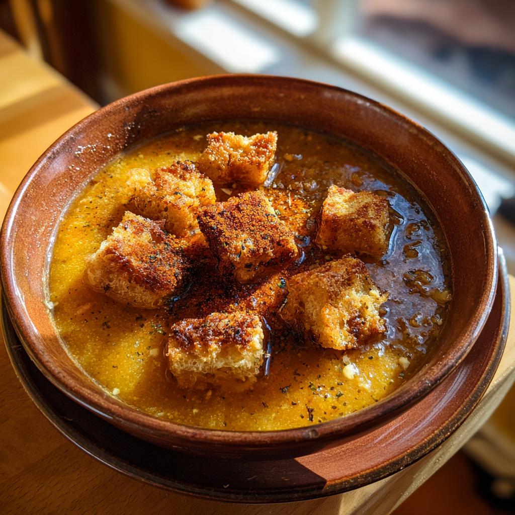 Primer plano de un cuenco de sopa de ajo española humeante, con picatostes dorados y espolvoreados con pimentón.
