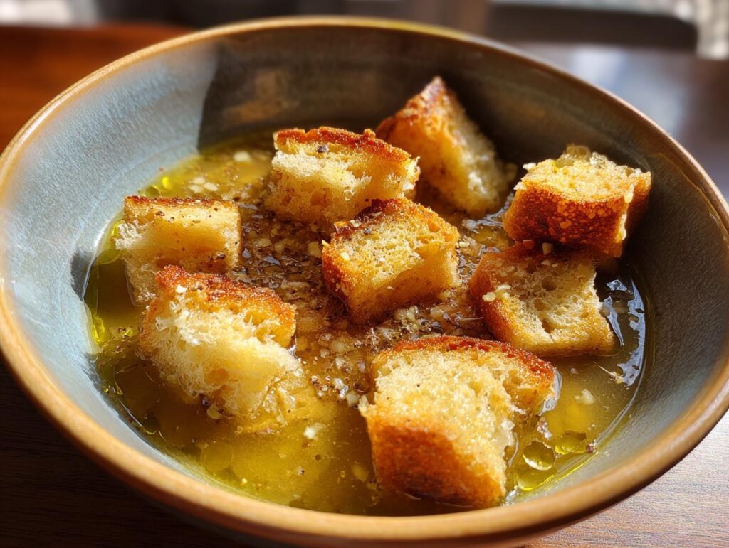 Primer plano de un cuenco de sopa de ajo española con trozos de pan tostado y ajo picado.