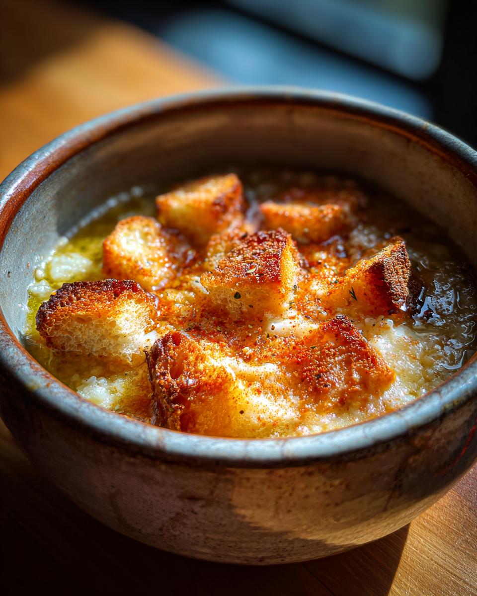 Primer plano de un cuenco rústico de sopa de ajo española, cubierta con picatostes dorados y espolvoreada con pimentón.
