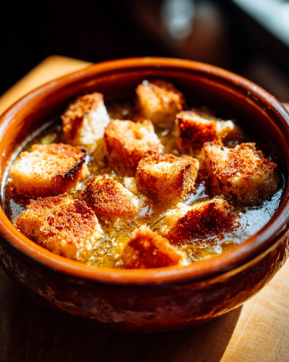 Primer plano de un cuenco de barro con sopa de ajo española, cubierta con picatostes dorados y crujientes.