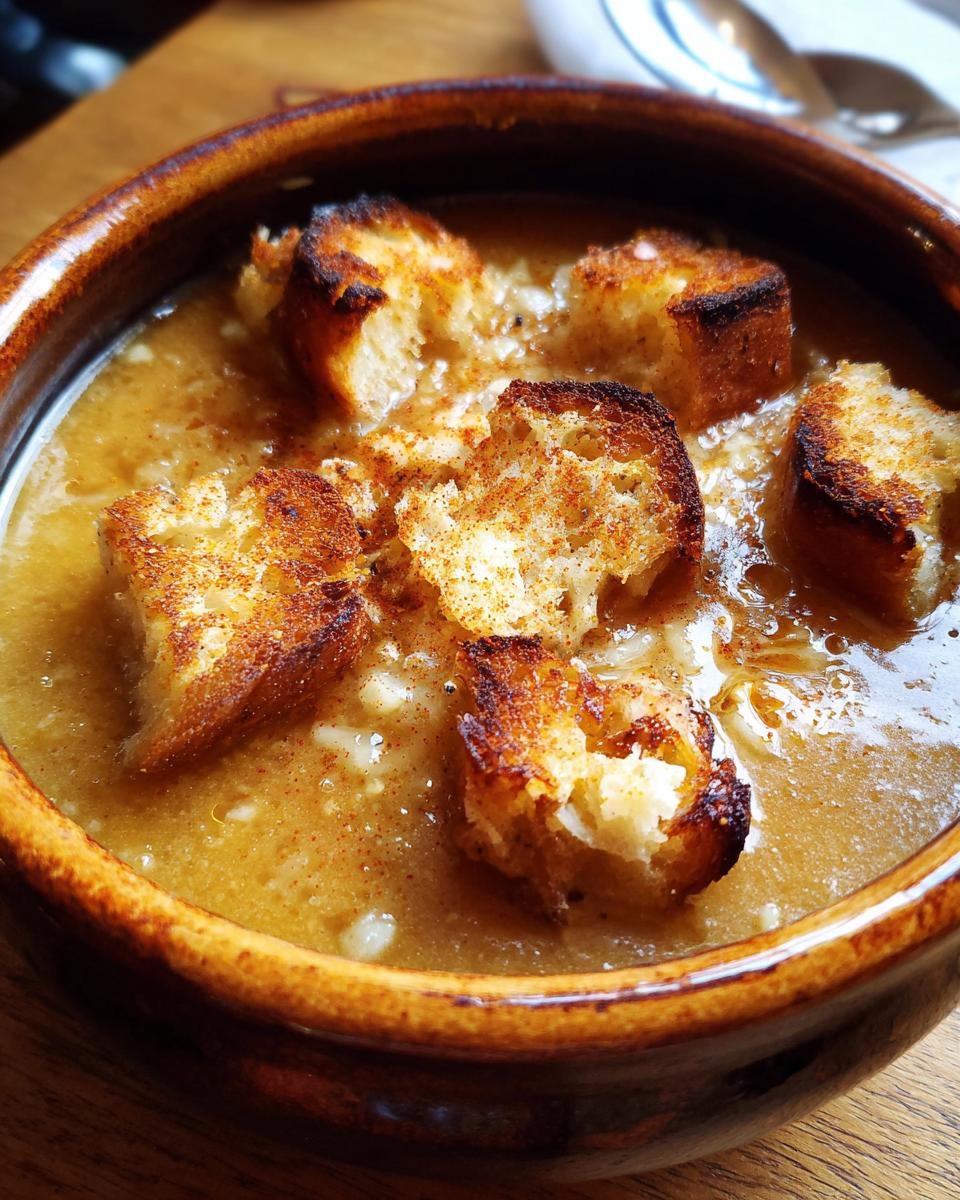 Primer plano de una humeante sopa de ajo española servida en un cuenco de barro con picatostes dorados.