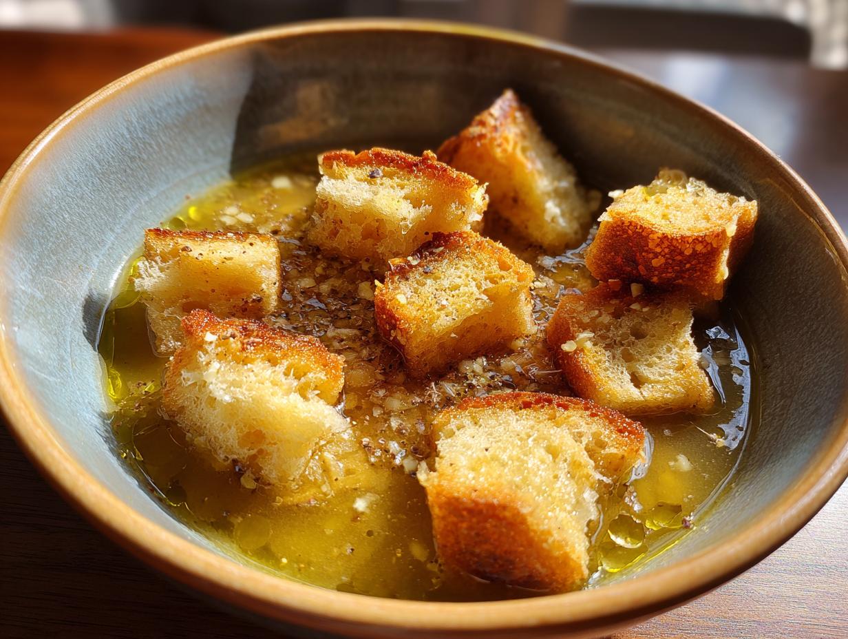 Primer plano de un cuenco de sopa de ajo española con trozos de pan tostado y ajo picado.