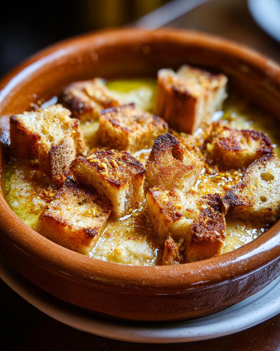 Primer plano de una cazuela de barro con sopa de ajo española, cubierta con trozos de pan tostado crujiente.