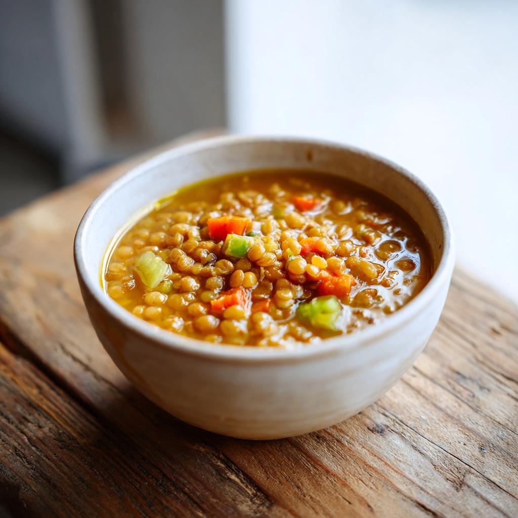 Tazón de sopa de lentejas con zanahorias y apio, plato de cuchara invierno