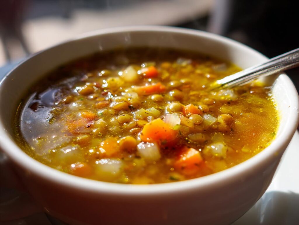 Primer plano de un tazón de sopa de lentejas con zanahorias y cebolla, una de las recetas de invierno fáciles.