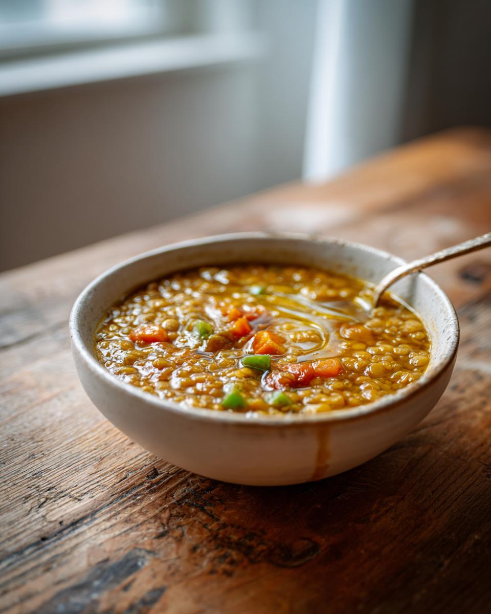 Tazón con sopa de lentejas con verduras, ideal para platos de cuchara invierno.